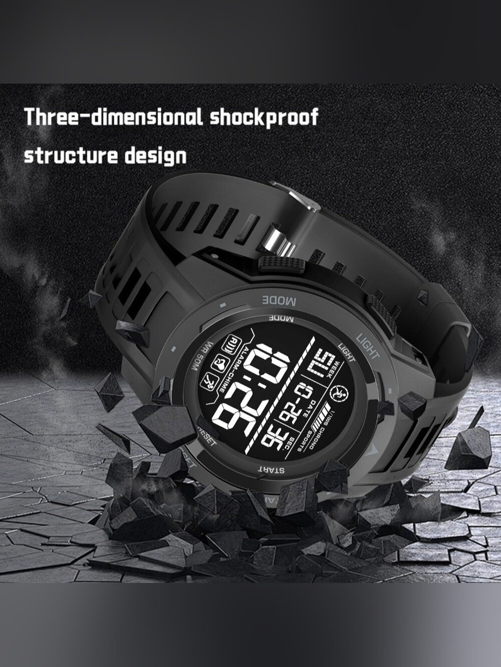 Dual Function Digital Sports Watch, Waterproof 5ATM, LED, Military Style - Picture 4 of 7
